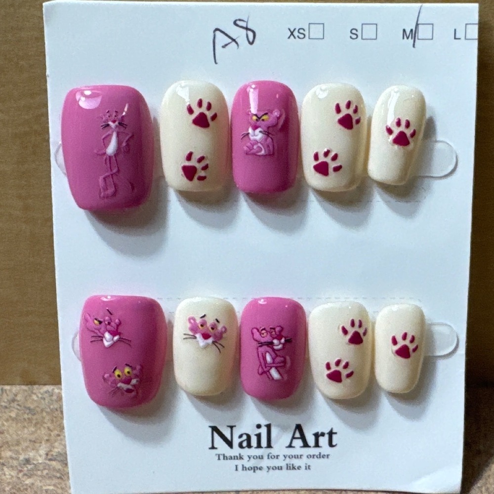 Pink Panther Press On Nails 3D Character Art Paw Prints Pink White Size Medium